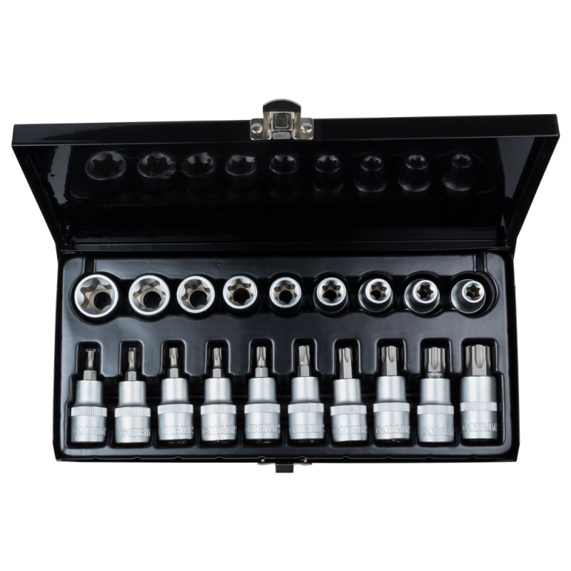 SIGMA Набор насадок и бит с насадками Torx 1/2" 19шт CrV (метал. кейс) (6086661)