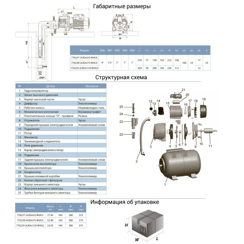 Leo Станция 0.75кВт HSmax 35м Hmax 50м Qmax 30л/мин (наруж. эжектор Ø96мм) 24л 3.0 (776238)