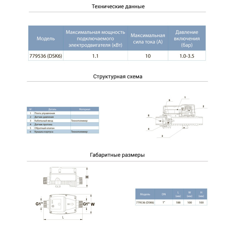 Aquatica Контроллер давления электронный 1.1кВт Ø1" рег давл вкл 1.0-3.5 bar (779536)