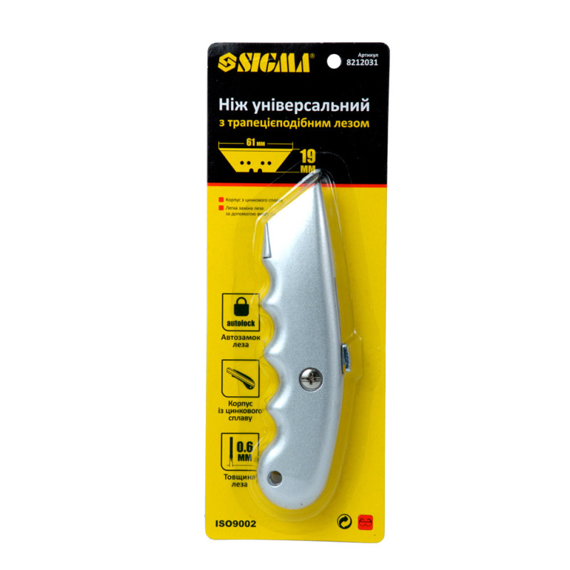 SIGMA Нож строительный (металлический корпус) лезвие трапеция автоматический замок (8212031)
