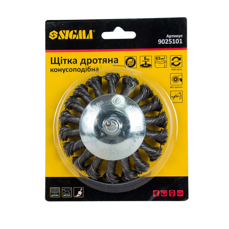 SIGMA Щетка проволочная конусообразная Ø100мм хвостовик Ø6мм (стальная витая) (9025101)