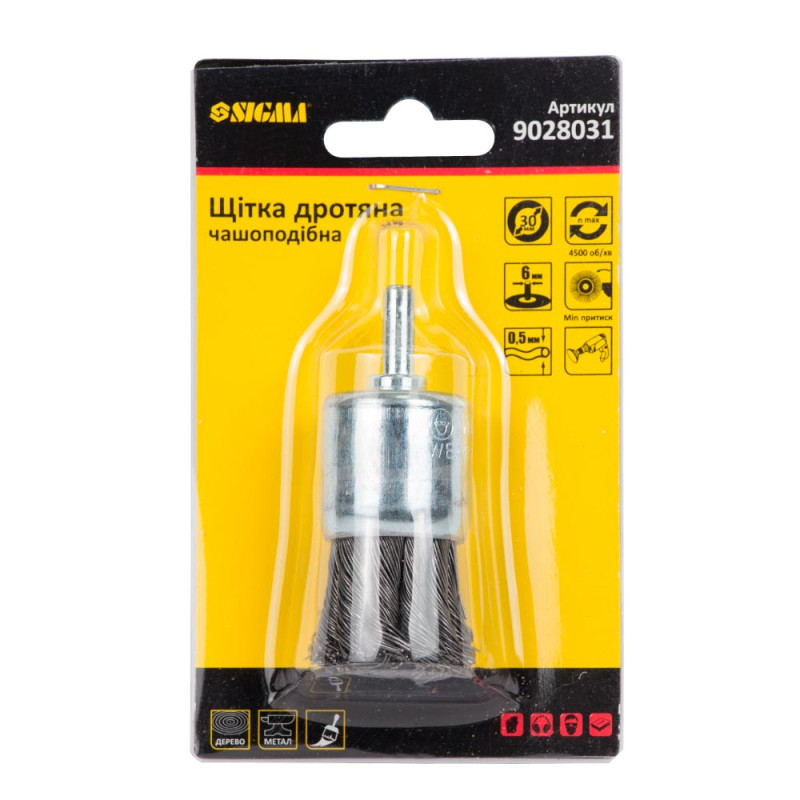 SIGMA Щетка проволочная чашевидная Ø30мм хвостовик Ø6мм (стальная витая) (9028031)