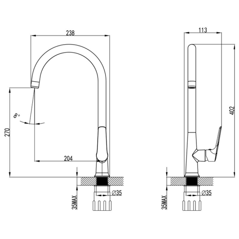 Corso Змішувач LUGANO Ø25 для кухні J-излив на гайці 9620100 (CH-4B147C)