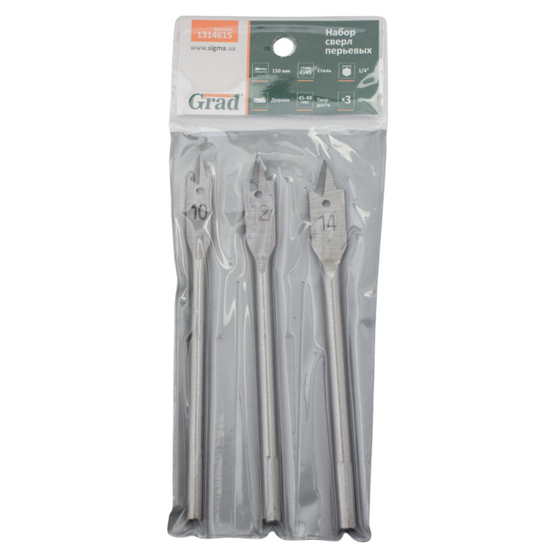 Grad Набор сверл по дереву перьевых 3шт (Ø10, 12, 14мм; длина 150мм) (1314615)