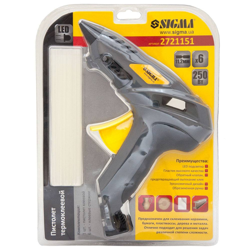 SIGMA Пистолет термоклеевой Ø11.2мм 250Вт (2721151)