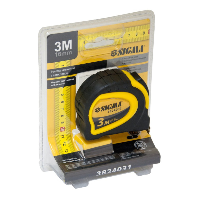SIGMA Рулетка магнитная обрезиненная с автостопом 3м×16мм (3824031)