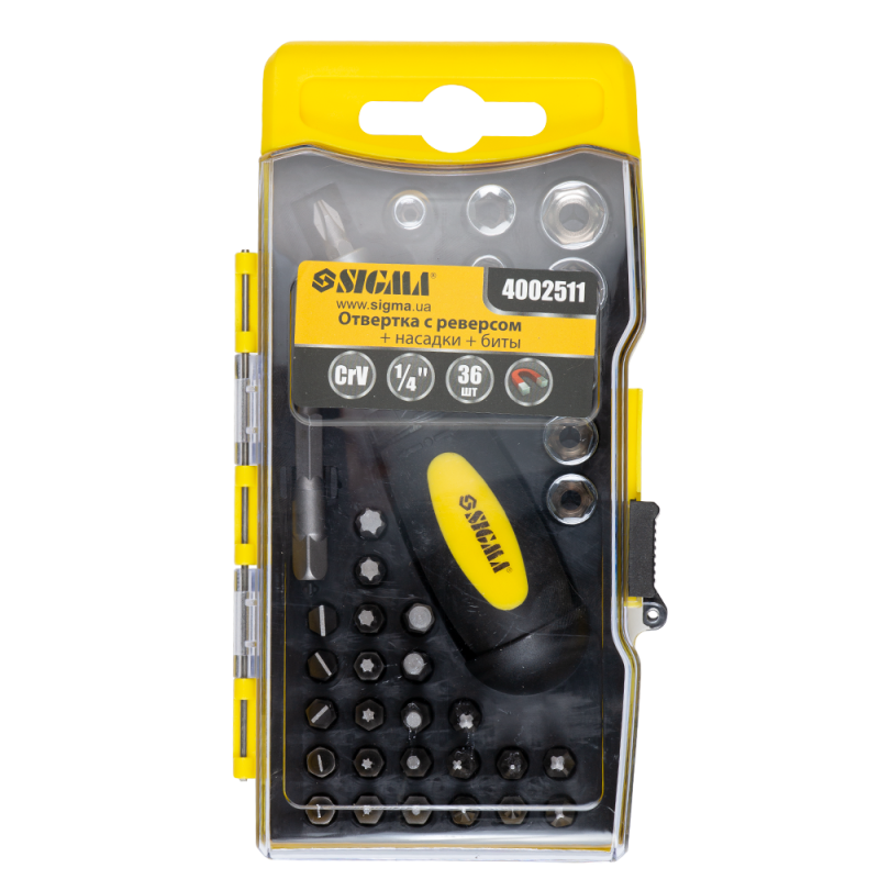 SIGMA Викрутка з реверсом + насадки торцеві та біти 36шт CrV (кейс) (4002511)
