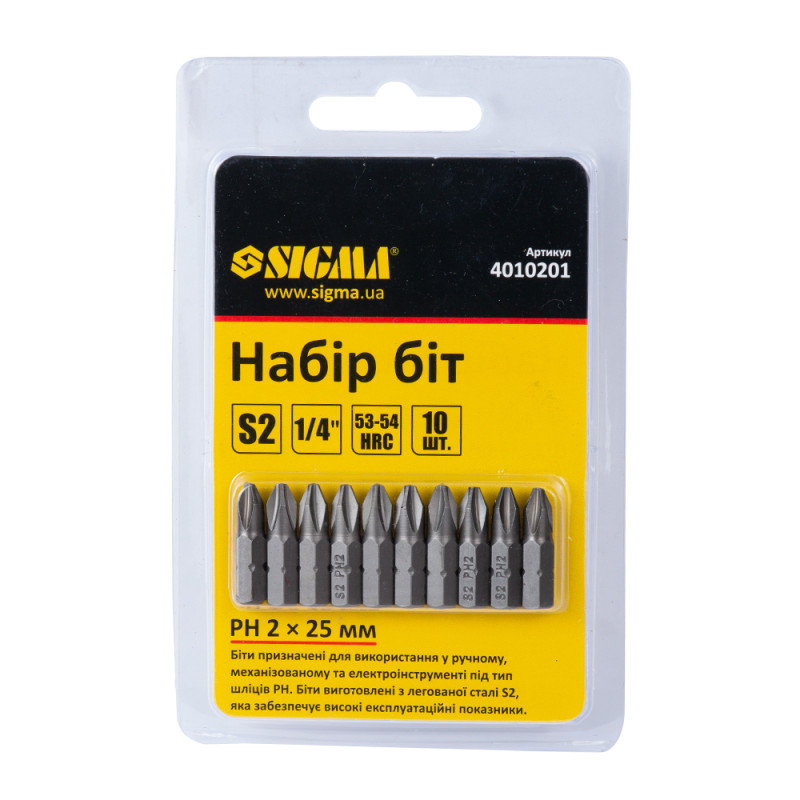SIGMA Набор бит PН2×25мм 1/4" 10шт S2 (блистер) (4010201)