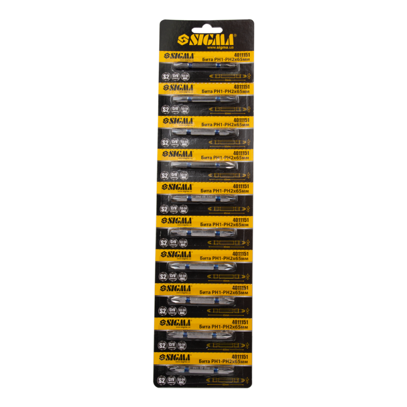 SIGMA Набор бит двухсторонних PН1-PН2×65мм 1/4" 10шт S2 Chrome (лента) (4011151)