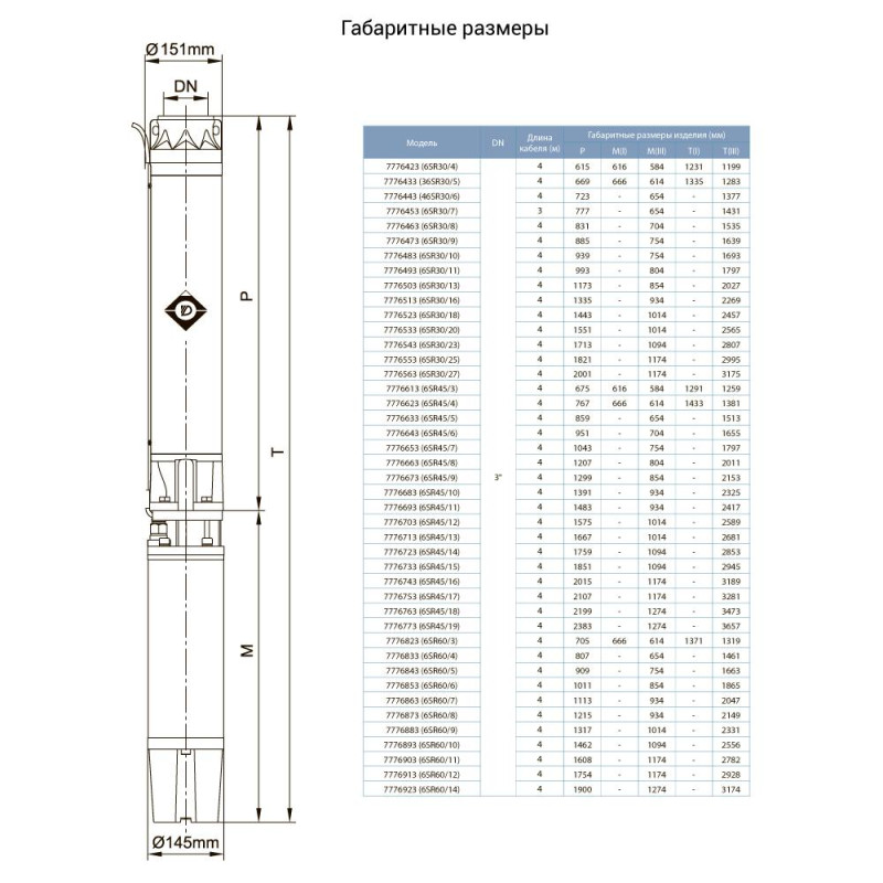 Dongyin Насос скважинный центробежный 380В 7.5кВт H 104(58)м Q 665(500)л/мин Ø151мм AQUATICA () 6SR30/7 (7776453)