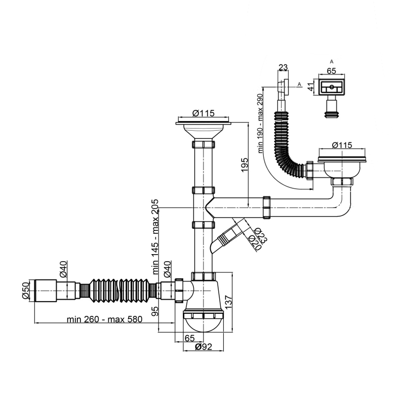 Lidz Сифон подвійний для кухонної мийки (WHI) 60 05 M003 00 з відводом для пральної машини (вихід 50 мм)