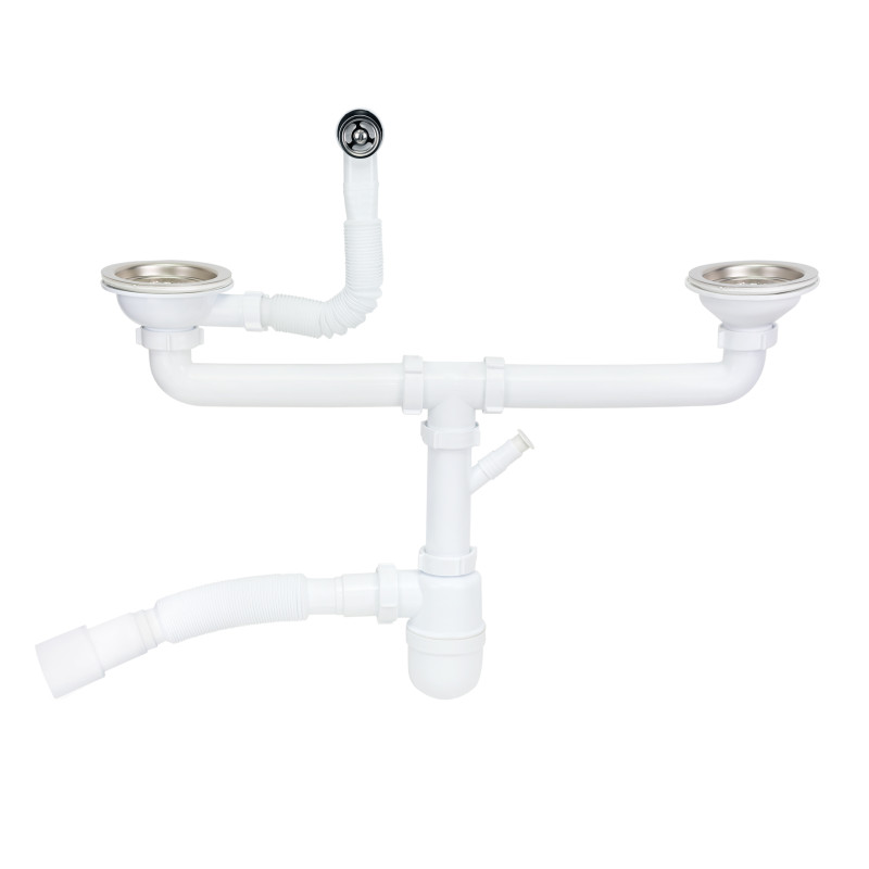 Lidz Сифон подвійний для кухонної мийки (WHI) 60 08 E001 02 ECO з круглим переливом (вихід 50 мм)