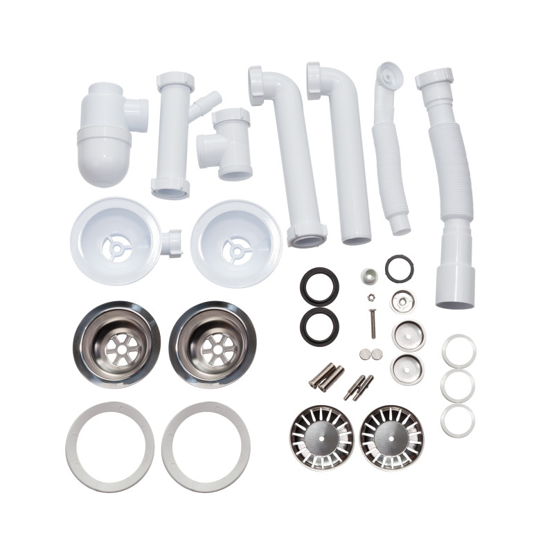 Lidz Сифон подвійний для кухонної мийки (WHI) 60 08 E001 02 ECO з круглим переливом (вихід 50 мм)