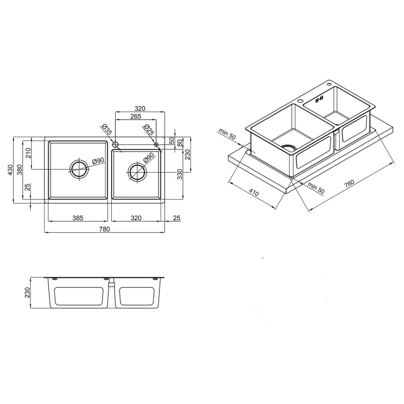 Lidz Мийка для кухні з двома чашами інтегрована Handmade H7843 (LDH7843BPVD45586) Brushed Black PVD 3,0/1,0 мм