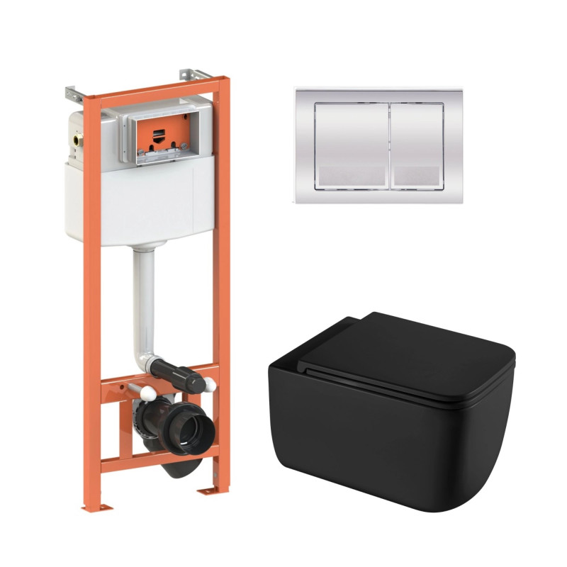 Qtap Комплект: Gemini Ultra Quiet унітаз підвісний QT2533076EUQMB+Nest комплект інсталяції 4в1 (Клавіша квадратна Chrome) QT0133M425+QT0111M06028CRM