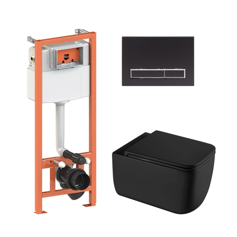 Qtap Комплект: Gemini Ultra Quiet унітаз підвісний QT2533076EUQMB+Nest комплект інсталяції 4в1 (Клавіша лінійна Black mat) QT0133M425+QT0111M08V1091MB
