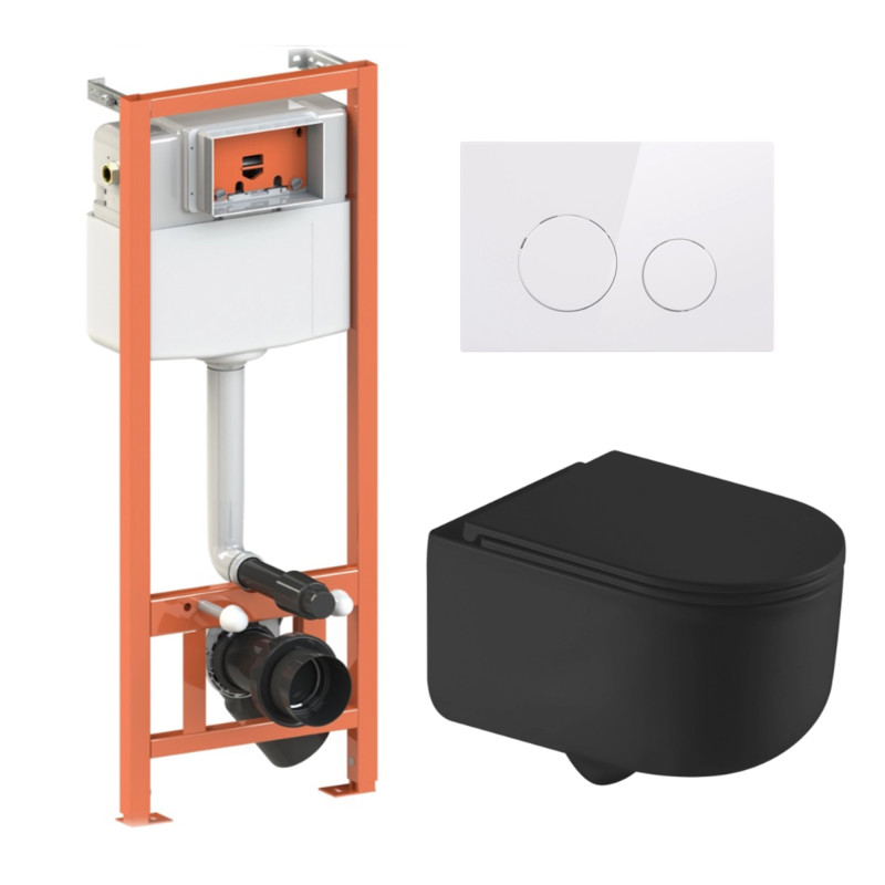 Qtap Комплект: Taurus Ultra Quiet унітаз підвісний QT2433084EUQMB + Nest комплект інсталяції 4в1 (Клавіша кругла White) QT0133M425 + QT0111M11110W