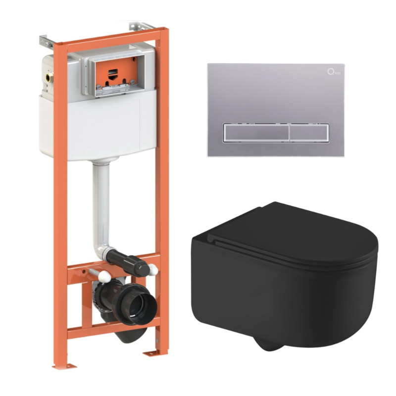 Qtap Комплект: Taurus Ultra Quiet унітаз підвісний QT2433084EUQMB + Nest комплект інсталяції 4в1 (Клавіша лінійна Satin) QT0133M425 + QT0111M08382SAT