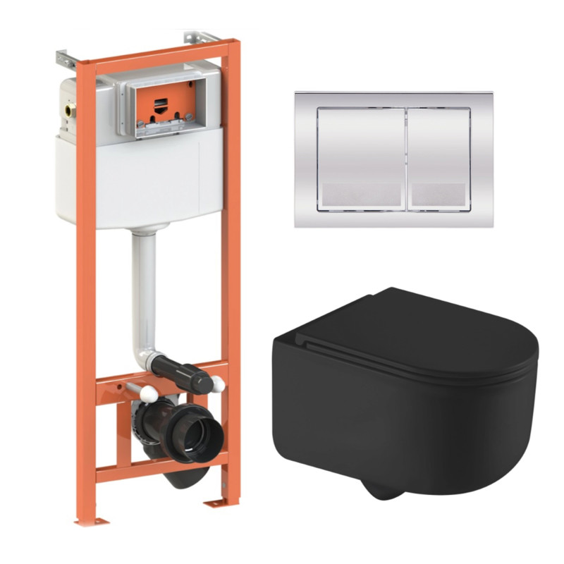 Qtap Комплект: Taurus Ultra Quiet унітаз підвісний QT2433084EUQMB+Nest комплект інсталяції 4в1 (Клавіша квадратна Chrome) QT0133M425+QT0111M06028CRM