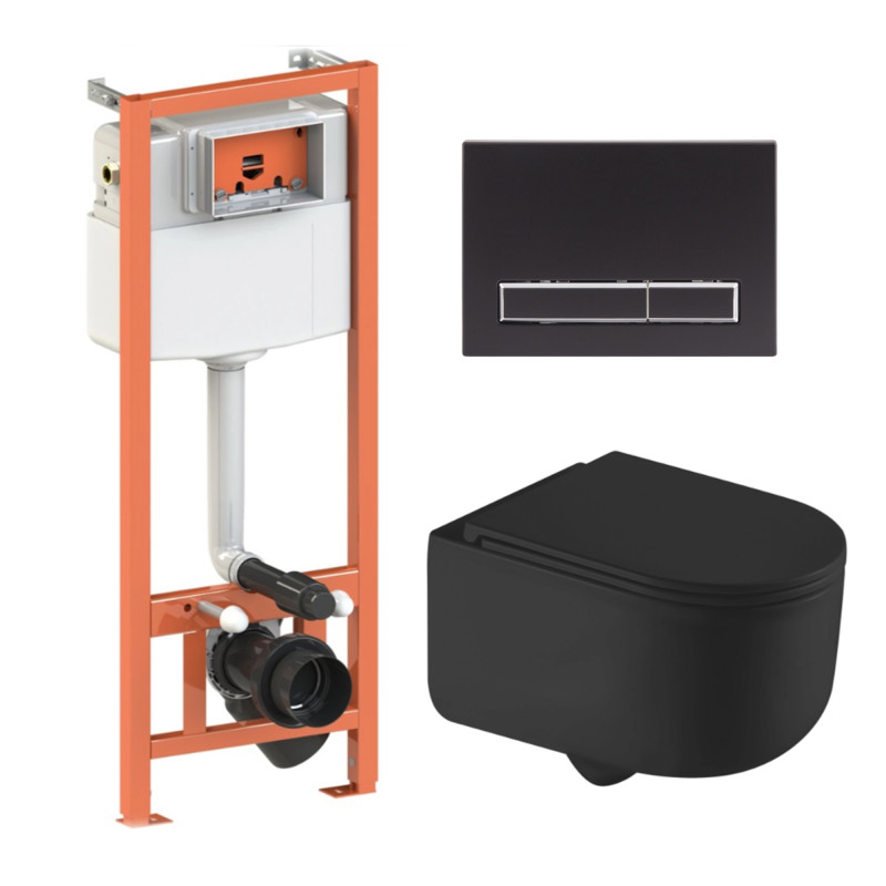 Qtap Комплект: Taurus Ultra Quiet унітаз підвісний QT2433084EUQMB+Nest комплект інсталяції 4в1 (Клавіша лінійна Black mat) QT0133M425+QT0111M08V1091MB