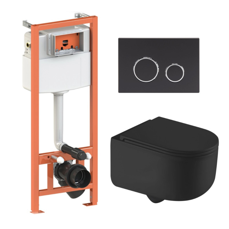 Qtap Комплект: Taurus Ultra Quiet унітаз підвісний QT2433084EUQMB+Nest комплект інсталяції 4в1 (Клавіша кругла Black mat) QT0133M425+QT0111M11V1146MB