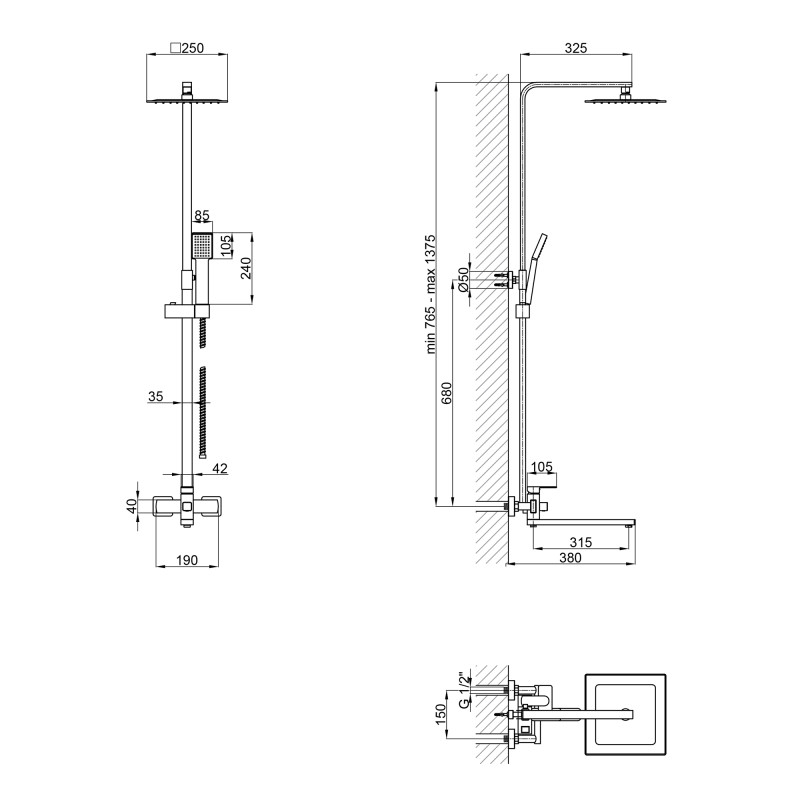 Lidz Душова система універсальна Kubis 1033 на три споживача (з виливом) (k35) LDKUB1033NKS46110 Nickel