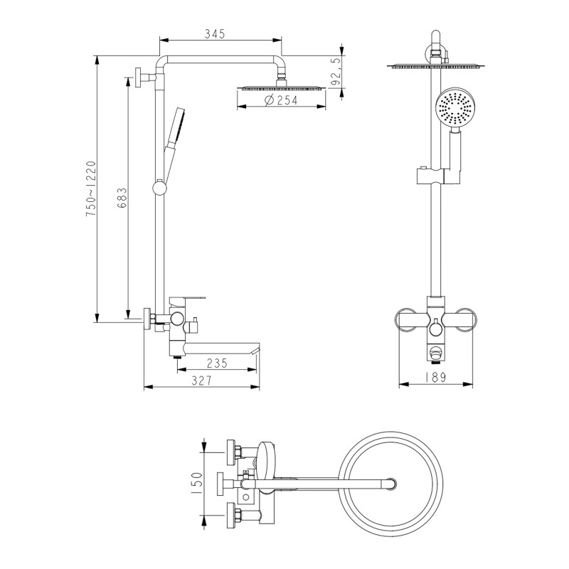Lidz Душова система універсальна Aria 1033 на три споживача (з виливом) (k35) LDARI1033NKS46109 Nickel