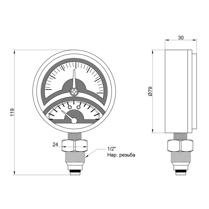 Icma Термоманометр 1/2" 0-4 бар, нижнє підключення №258 (91258AD04120)