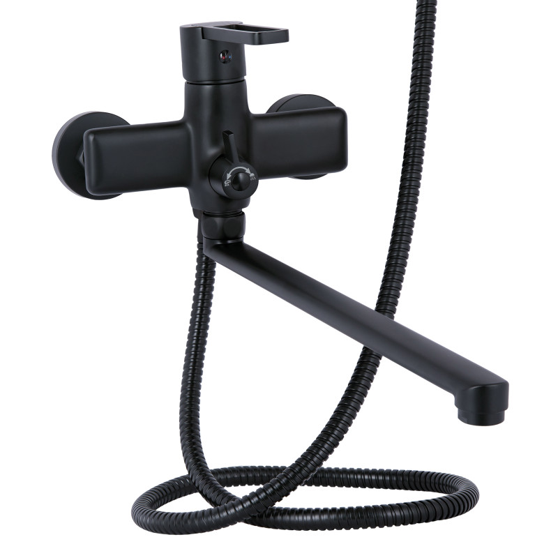 Qtap Змішувач для ванни Taurus з довгим поворотним виливом (з душовим гарнітуром) QTTAU260BLM45664 Black Matt