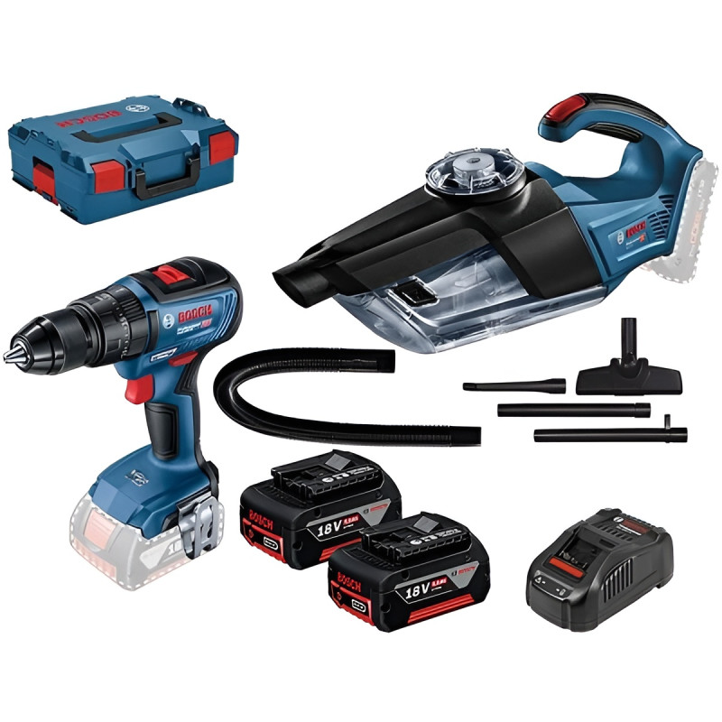 BOSCH Набір із двох акумуляторних інструментів 18В дриль-шурупокрут GSR 18V-50 пилосмок GAS 18V-1 швидкий зарядний пристрій GAL 1880 CV акб 2х5А·год кейс L-BOXX (0615990M44)