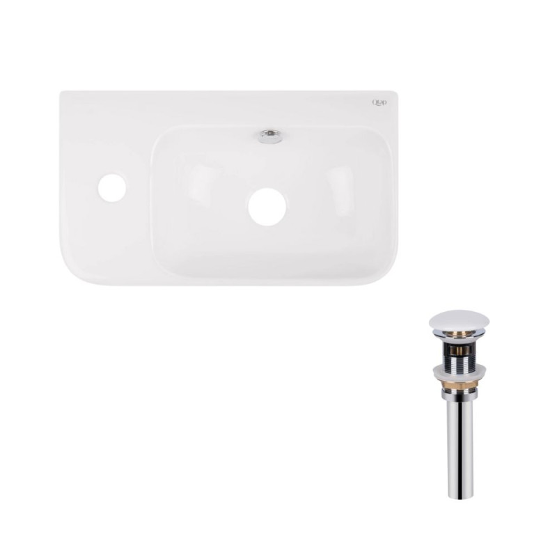 Qtap Комплект Tern: Раковина підвісна прамокутна ліва 450х260х155 мм White + Донний клапан PU02O