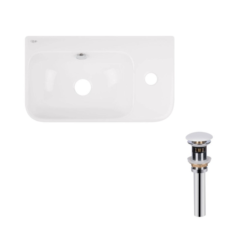 Qtap Комплект Tern: Раковина підвісна прамокутна права 450х260х155 мм White + Донний клапан PU02O