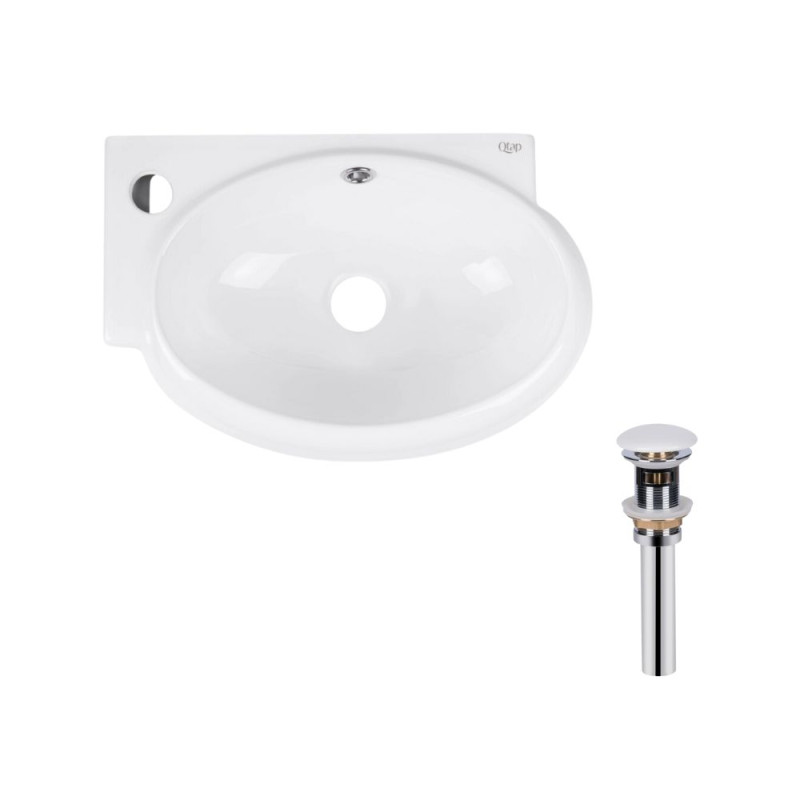 Qtap Комплект Leo: Раковина підвісна овальна ліва 430x290x140 мм White + Донний клапан PU02O