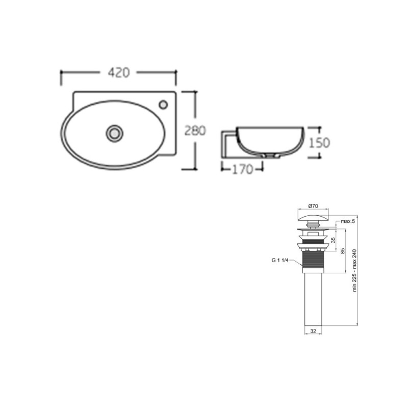 Qtap Комплект Leo: Раковина підвісна овальна ліва 430x290x140 мм White + Донний клапан PU02O