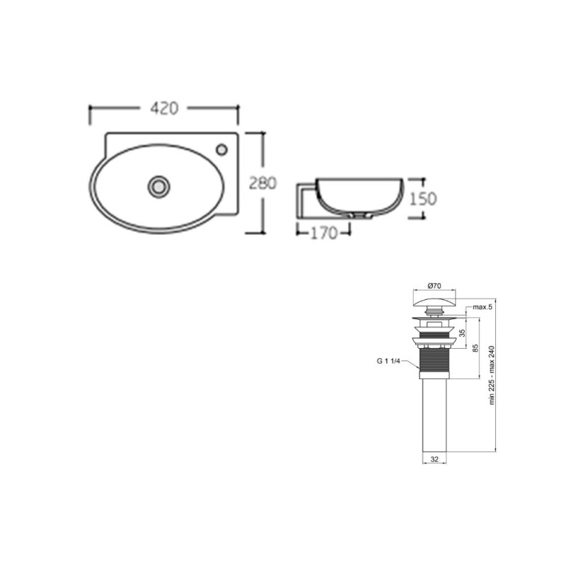 Qtap Комплект Leo: Раковина підвісна овальна права 430x290x140 мм White + Донний клапан PU02O