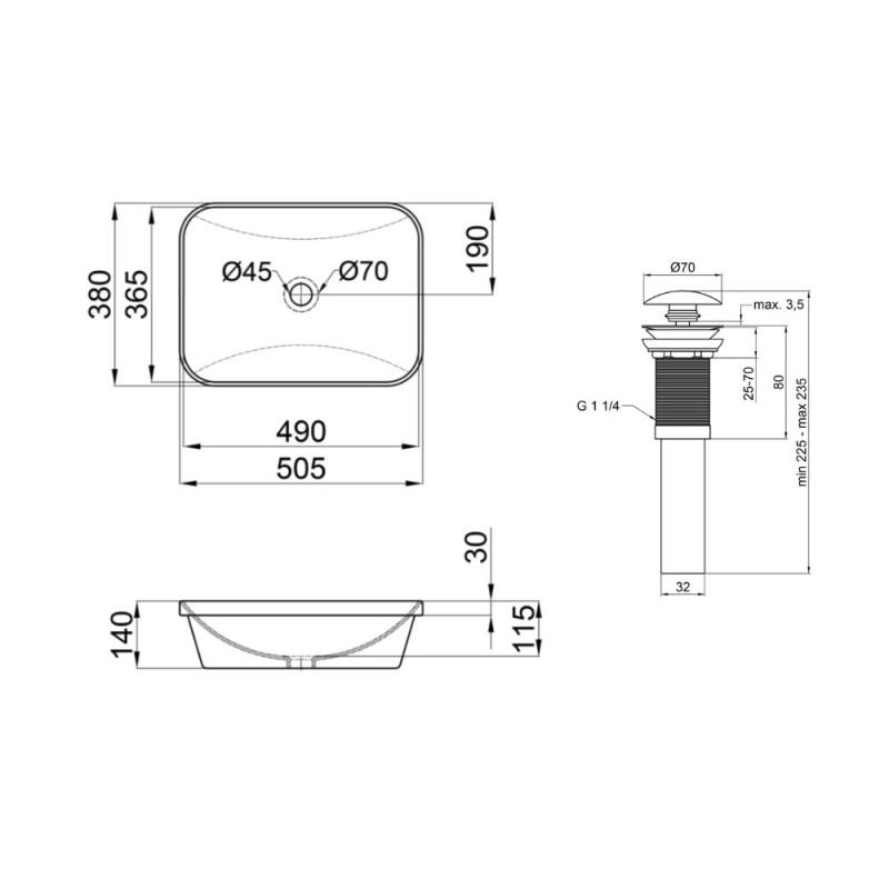 Qtap Комплект Scorpio: Раковина врізна прамокутна 500х380х145 мм White + Донний клапан PU02