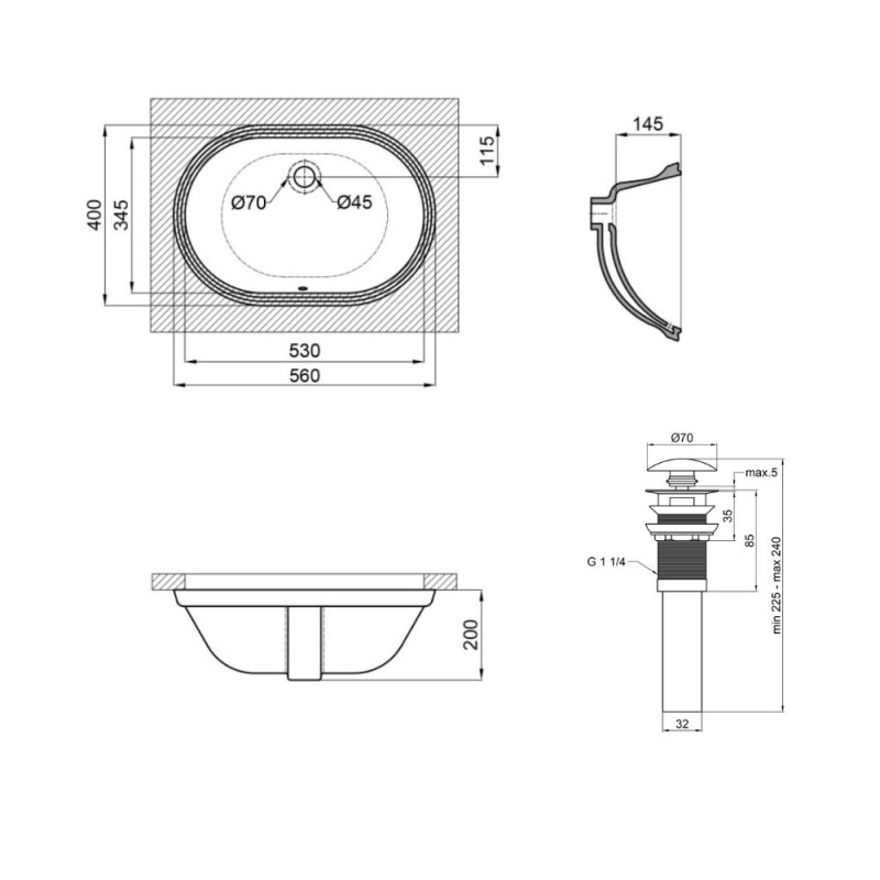 Qtap Комплект Stork: Раковина врізна овальна 560x395x195 мм White + Донний клапан PU02O