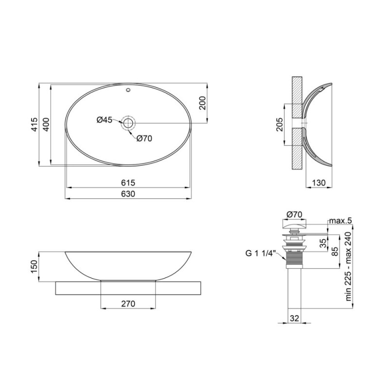 Qtap Комплект Dove: Раковина накладна овальна 625x415x150 мм White + Донний клапан PU02O