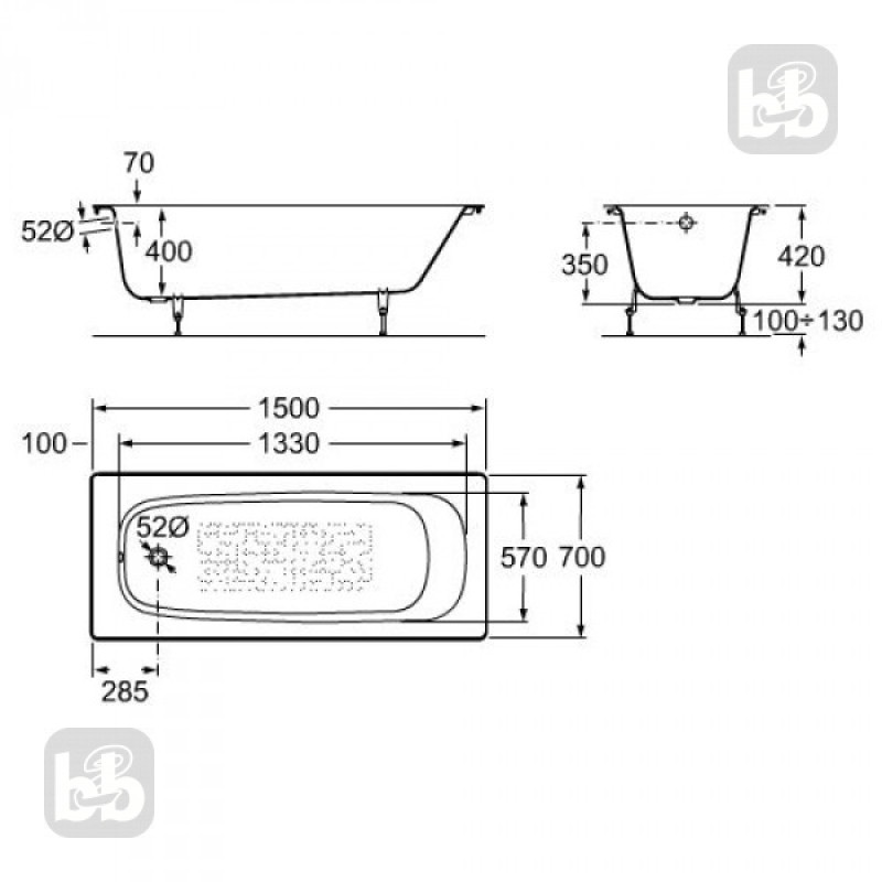 ROCA CONTINENTAL ванна 150 * 70см, без нiжок, (A21291300R)