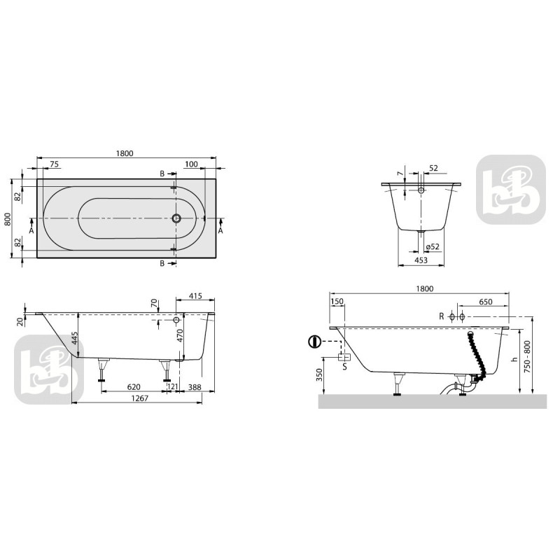 VILLEROY & BOCH OBERON -ванна 180*80см, (UBQ180OBE2V-01)