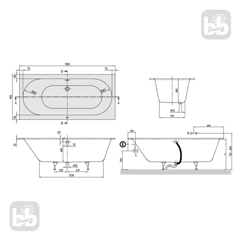 VILLEROY & BOCH OBERON-ванна 190*90см з ніжками, (UBQ199OBE2V-01)