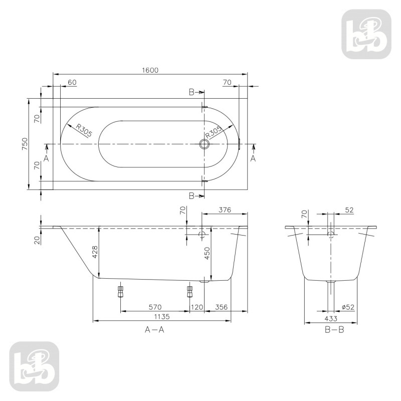 VILLEROY & BOCH OBERON ванна 160*75 см в комплектi з нiжками, (UBQ160OBE2V-01)