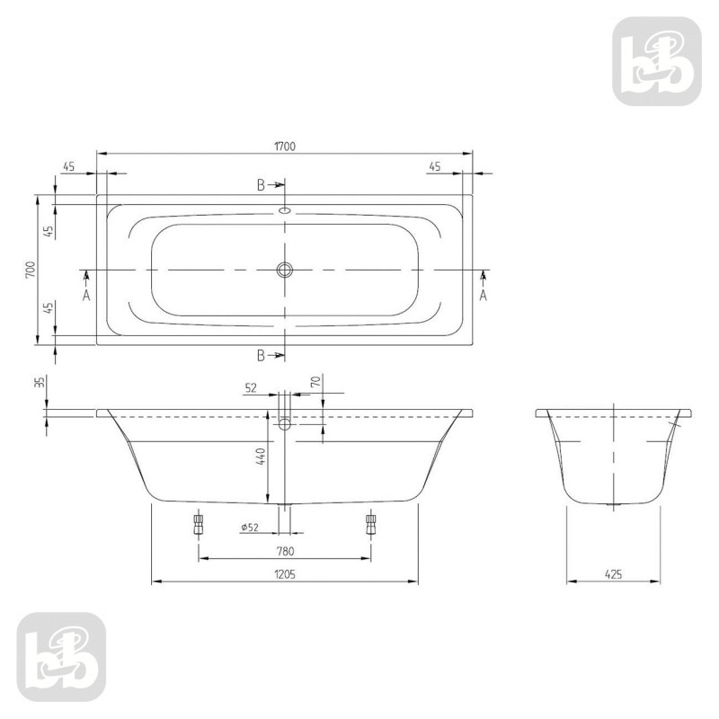 VILLEROY & BOCH TARGA STYLE ванна 170*70см, (UBA177FRA2V-01)