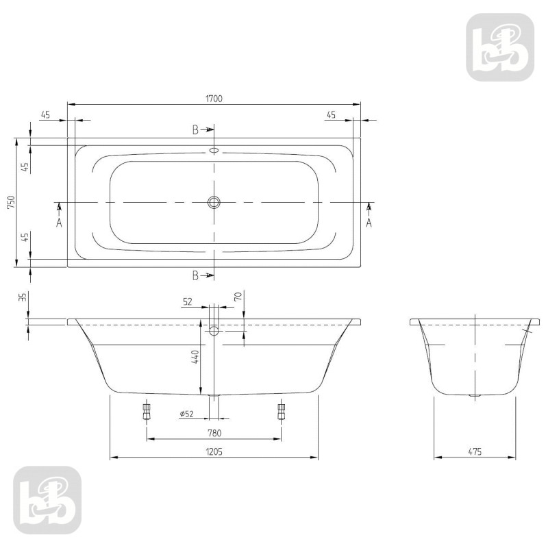 VILLEROY & BOCH TARGA STYLE ванна 170*75см, (UBA170FRA2V-01)