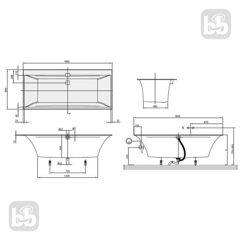 VILLEROY & BOCH SQURO EDGE 12 ванна 180*80см з ніжками та зливом-переливом, колір white alpin, (UBQ180SQE2DV-01)