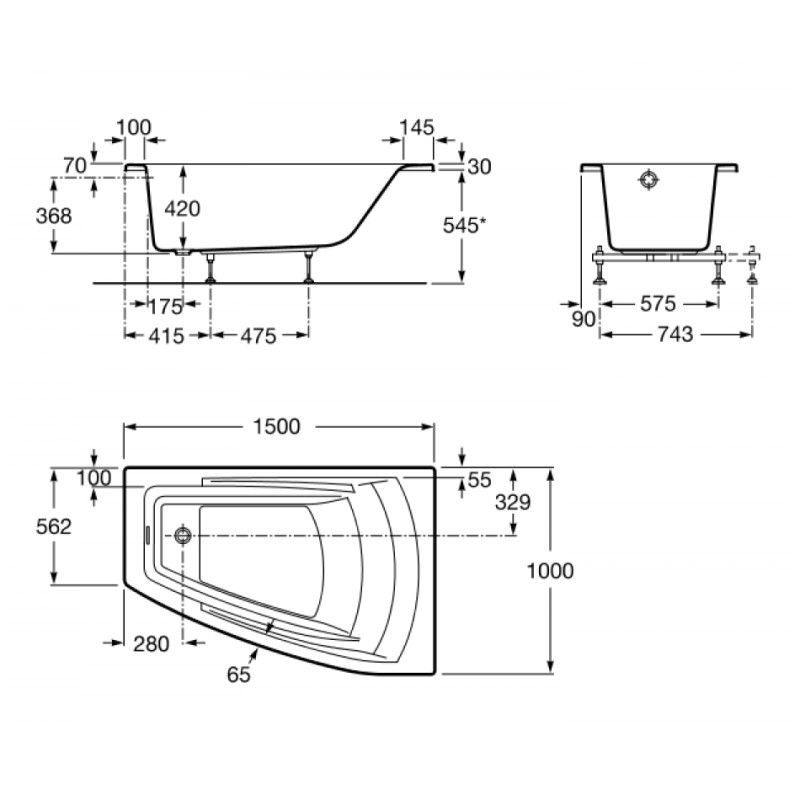 ROCA HALL ванна 150*100см, акрилова кутова, права версія, біла, з інтегрованими підлокітниками, з підголівником та ніжками, що регулюються в комплекті, (A248165000)