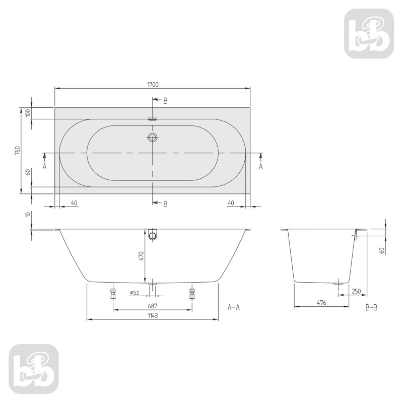 VILLEROY & BOCH OBERON 2.0 Ванна кварилова 170х75 з ніжками та зливом-переливом, (UBQ170OBR2DV-01)