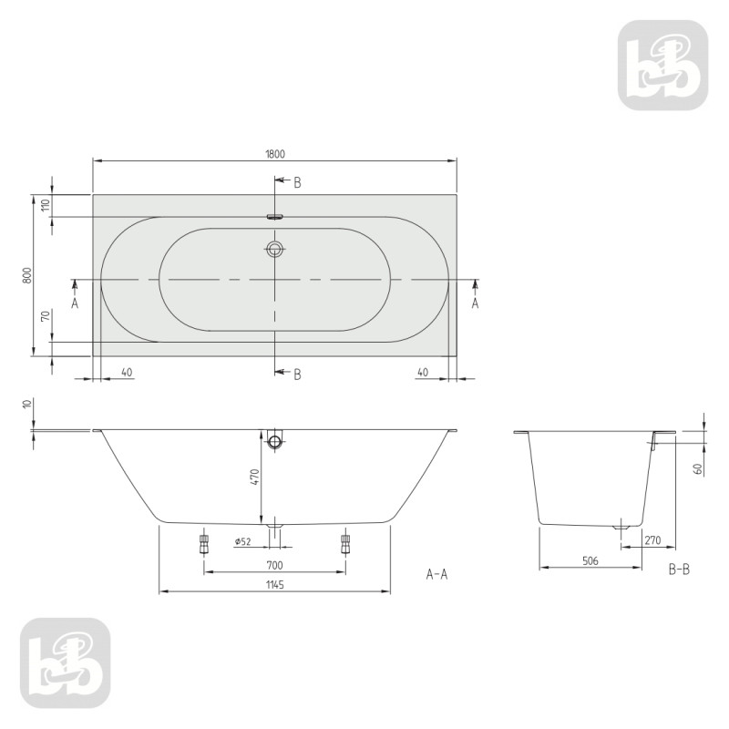 VILLEROY & BOCH OBERON 2.0 Ванна кварилова 180х80 з ніжками та зливом-переливом, (UBQ180OBR2DV-01)