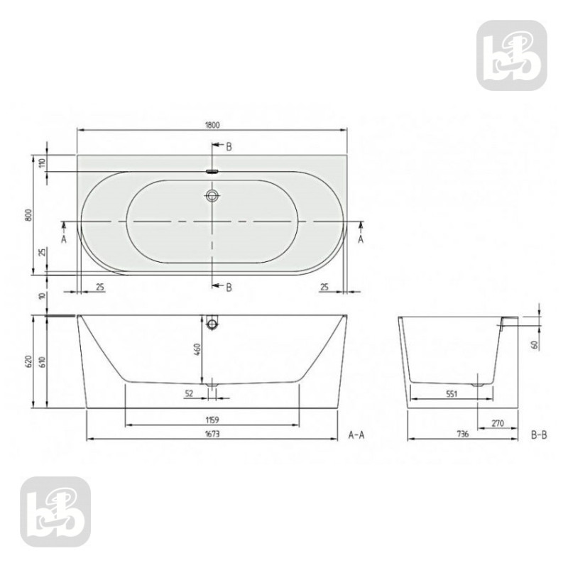 VILLEROY & BOCH OBERON 2.0 Ванна кварилова 180х80, пристінна з білою панеллю та зливом-переливом, (UBQ180OBR9CD00V-01)
