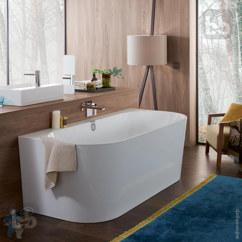 VILLEROY & BOCH OBERON 2.0 Ванна кварилова 180х80, пристінна з білою панеллю та зливом-переливом, (UBQ180OBR9CD00V-01)